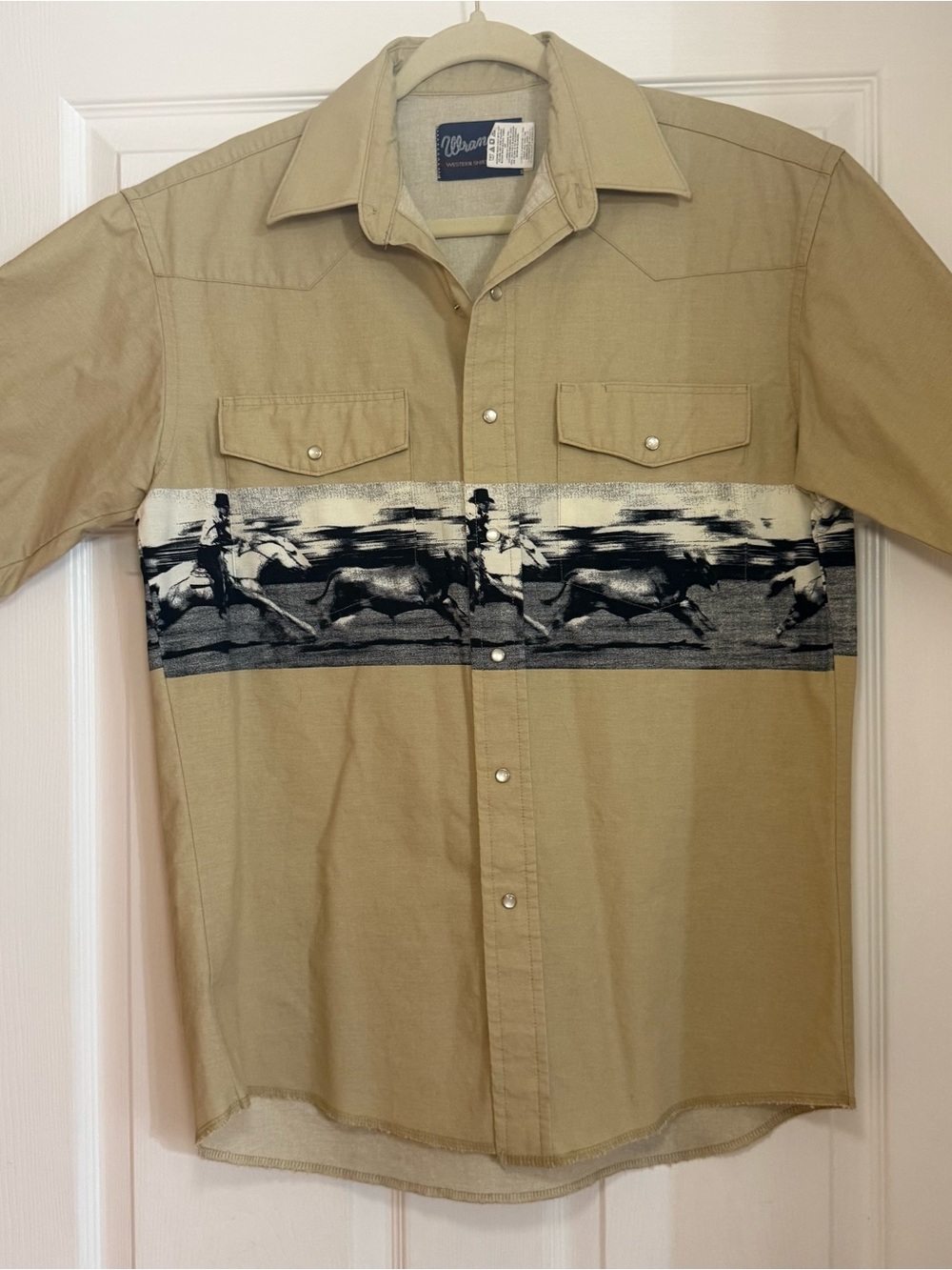 Wrangler Tan Western Button-Down Shirt with Black Rodeo Stripe